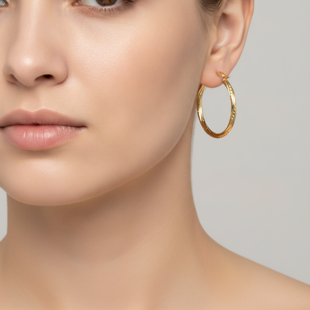 GER60. 14K Solid Gold Engraved Tornado Hollow Hoop Earrings