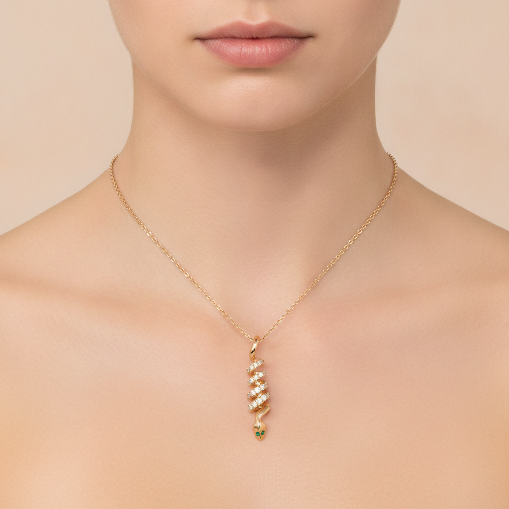 PFC33574EM. 14k Solid Gold Diamond and Emerald Snake Pendant
