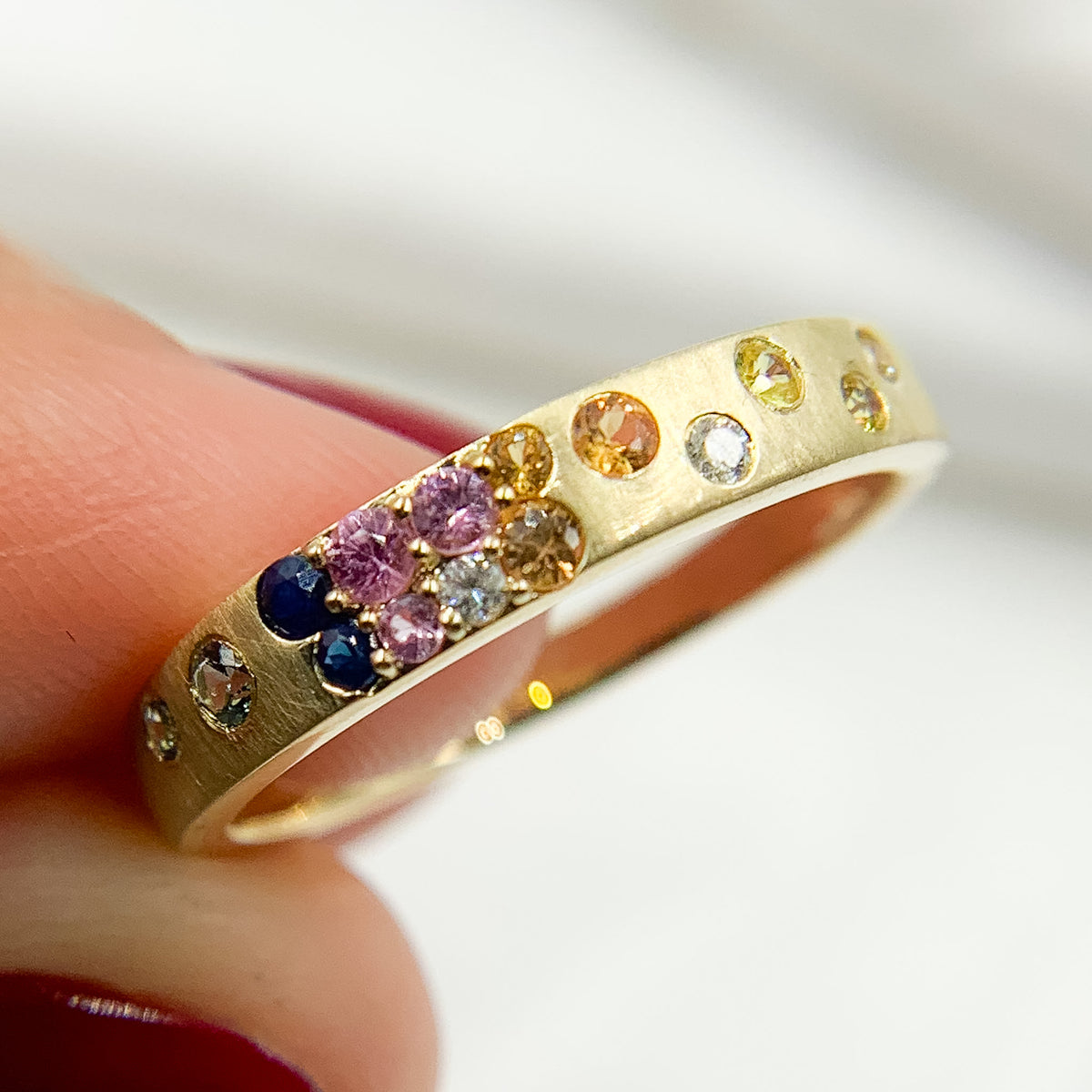 14K Solid Gold Diamond and Multi Sapphire Band Ring.