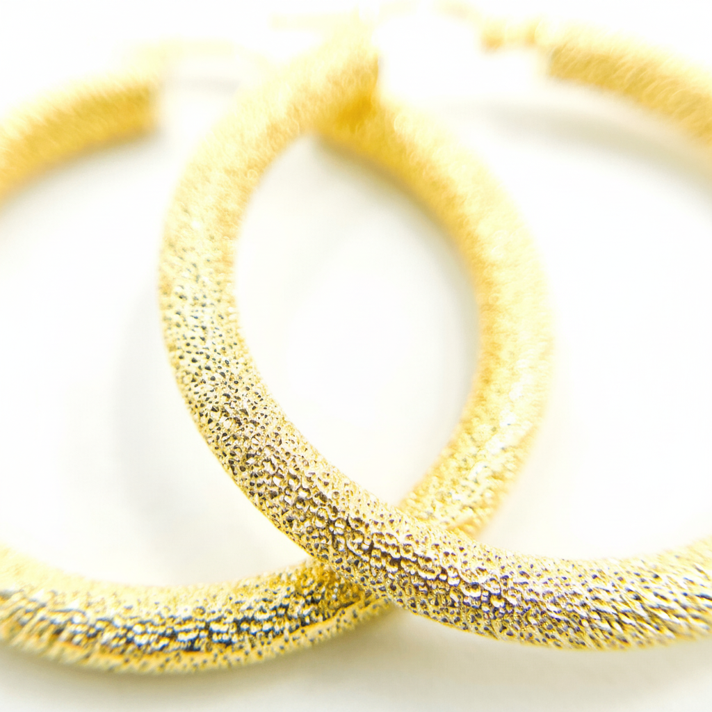 GER52. 14K Solid Gold Textured Hollow Hoop Earrings – Classic Round Hoops