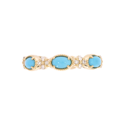 CR97067TQ5X3. 14K Solid Yellow Gold Diamond and Turquoise Band Ring