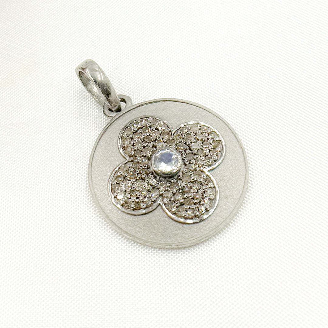 DP383. Diamond Sterling Silver Round Flower Pendant with Gemstone