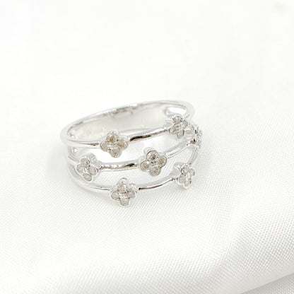 14K Solid White Gold Diamond 3 Row Flower Ring.