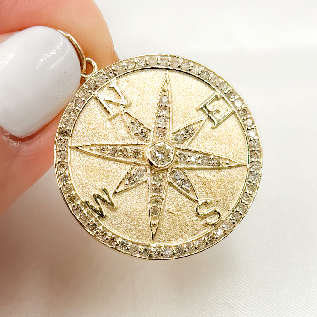 GDP107. 14K Solid Gold Diamond Round Compass Charm