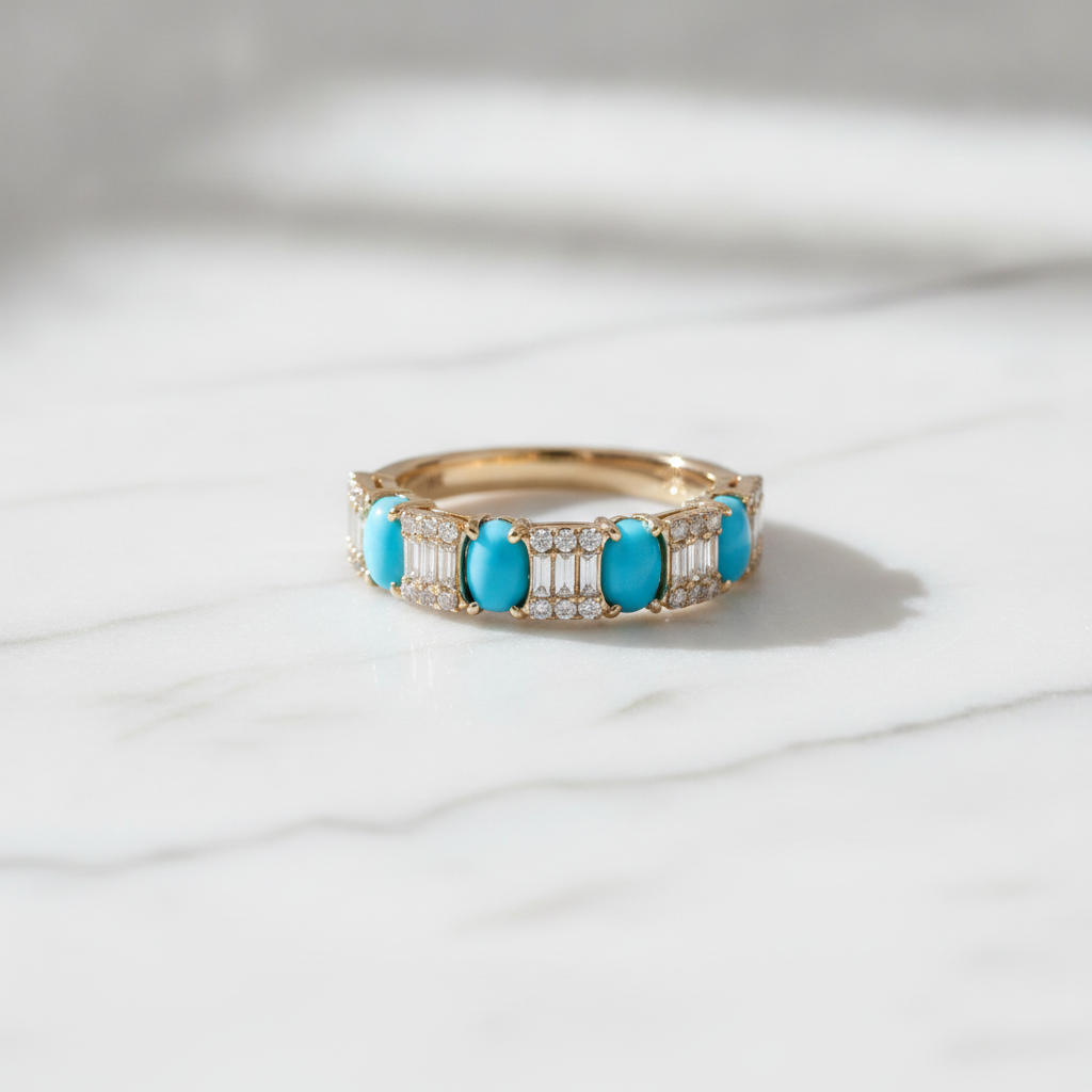 RAF01372TQ. 18K Solid Gold Diamond & Turquoise Ring