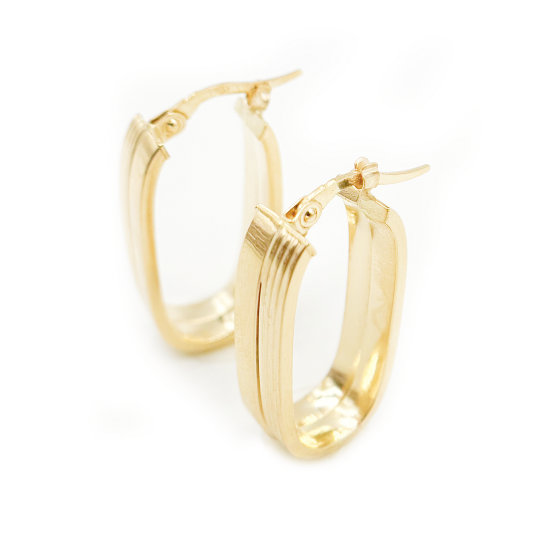15850022147. 14K Solid Gold Smooth and Ribbed Rectangular Hollow Hoop Earrings