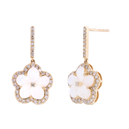 14k Solid Yellow Gold Diamond and Mother-of-Pearl Dangle Flower Earrings