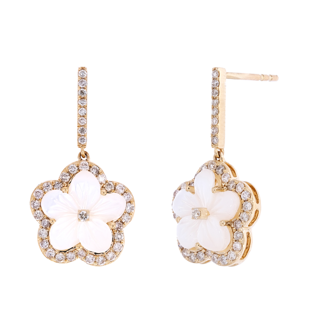 EFG53061PL. 14k Solid Yellow Gold Diamond and Mother-of-Pearl Dangle Flower Earrings