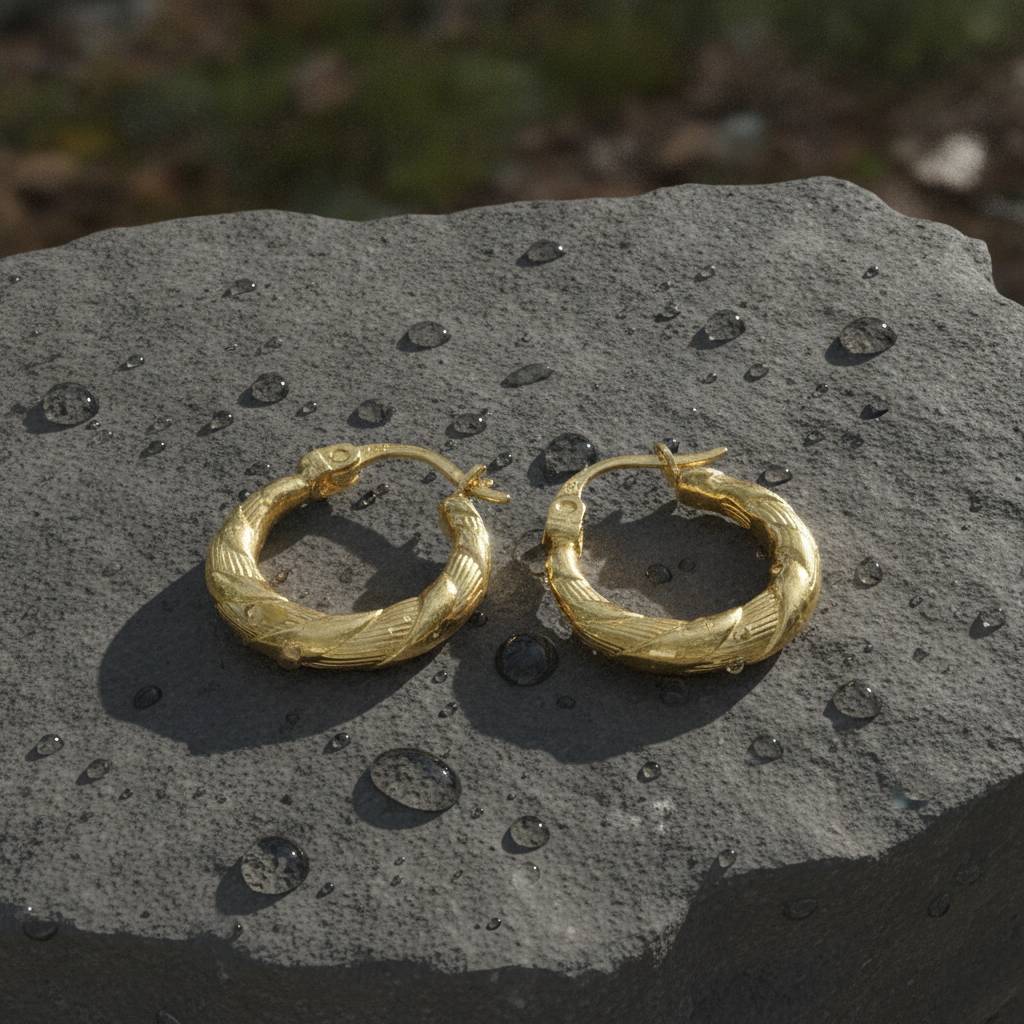 GER134. 14K Gold Twisted Hollow Hoop Earrings