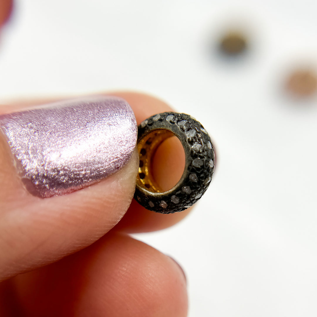 Pave Diamond & 925 Sterling Silver Black Rhodium, Two Tone and Rose Gold Roundel Spacer Bead. DC589