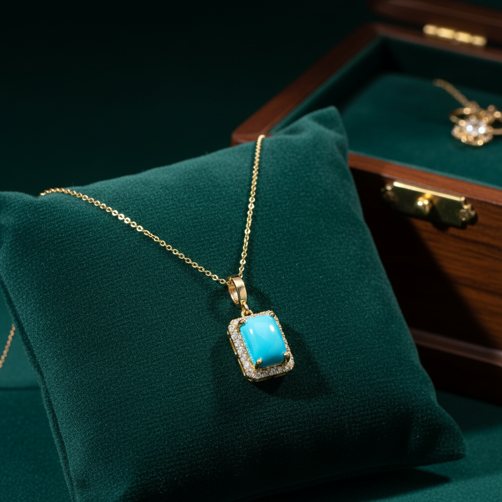 CMD00365TQ8X6. 14K Solid Gold Rectangular-Shaped Turquoise and Diamond Charm