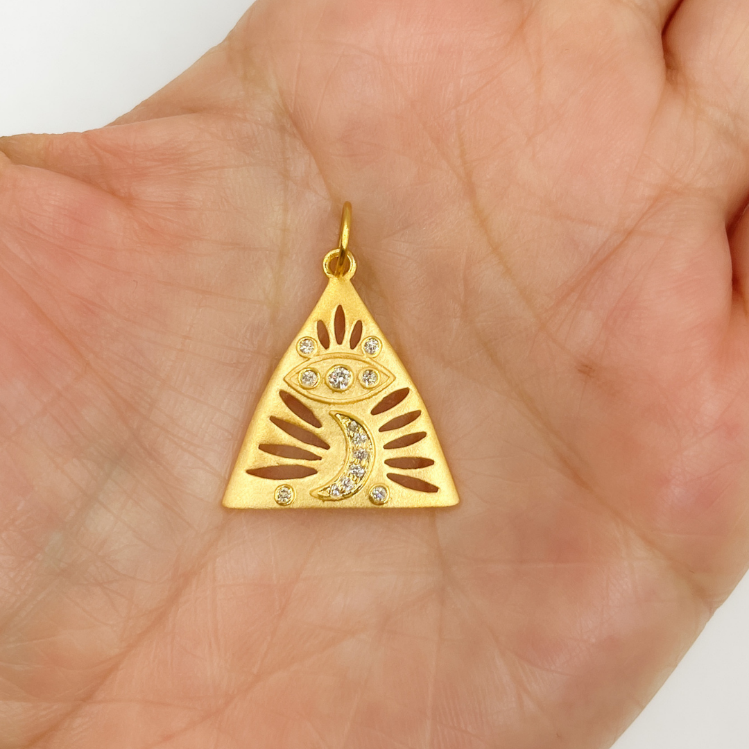 14K Solid Gold Triangle with Moon and Eye Charm. GDP112