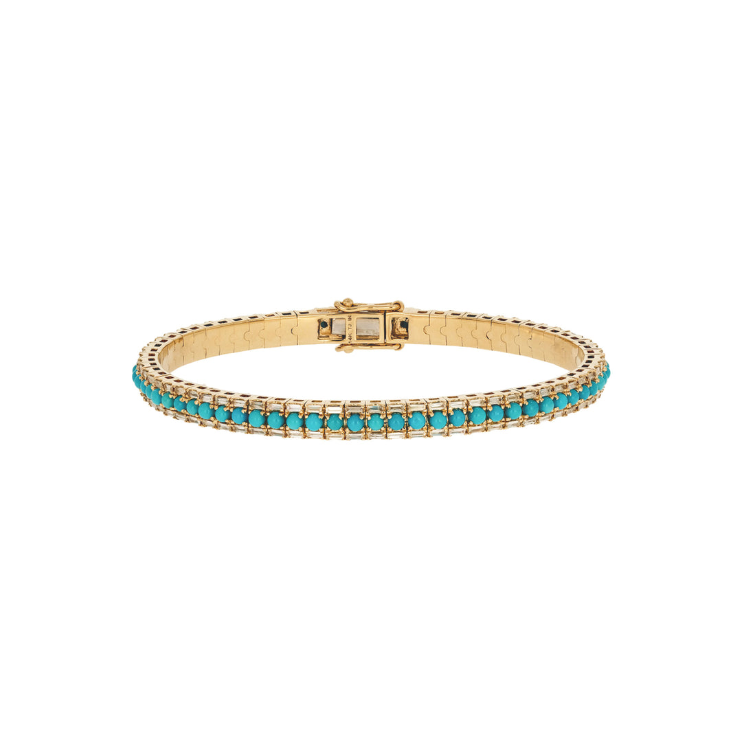 BNL68438TQ. 14K Solid Yellow Gold Baguette Diamond and Turquoise Bangle