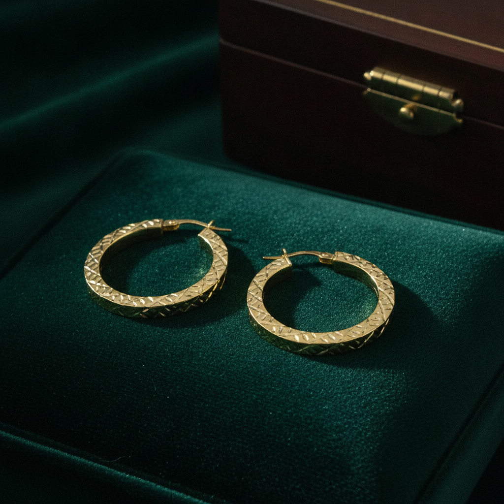 GER166. 14K Gold Hollow Flat Diamond Cut Hoop