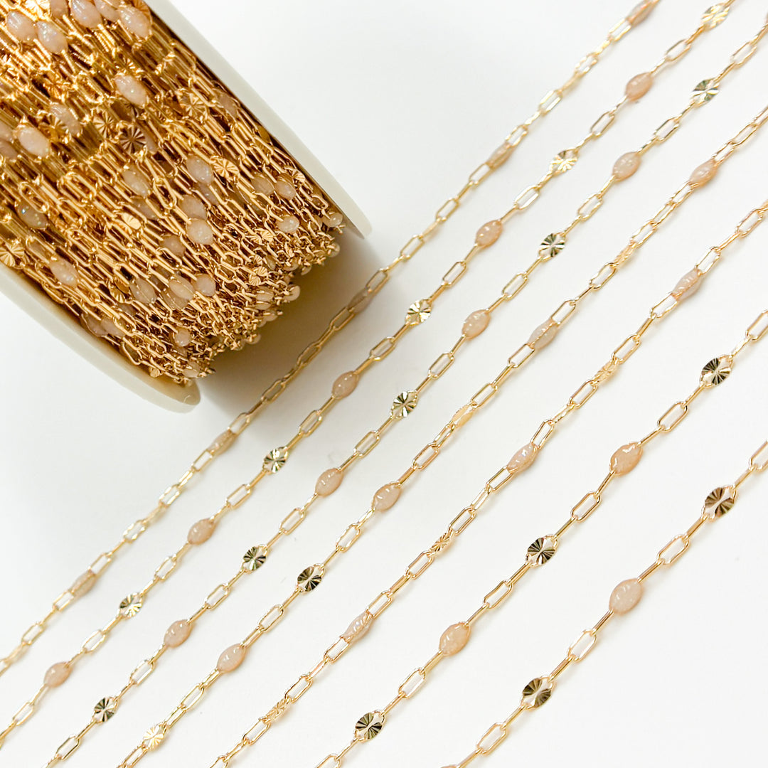 V295OP1GF. 14K Gold Filled Golden Shade Opal Enamel Chain with Paperclip and Diamond Cut Marina Links
