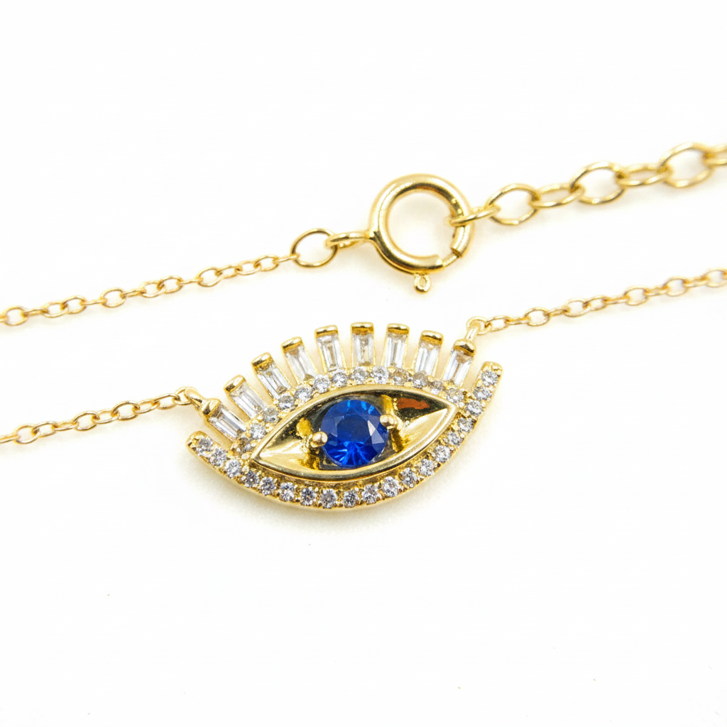 NFD70803. 14k Solid Yellow Gold, Diamonds & Precious Stones Cable Link Evil Eye Necklace