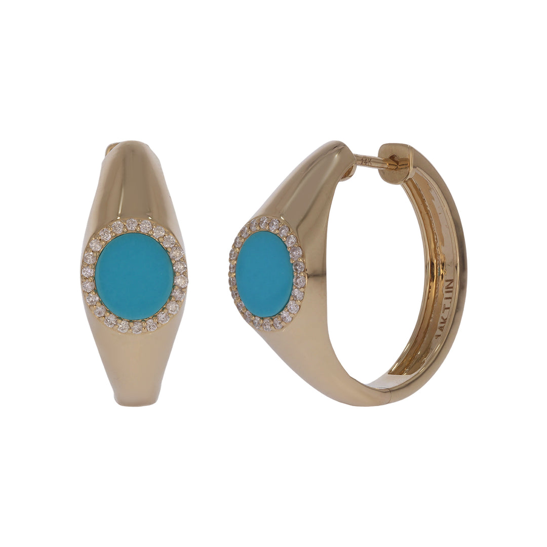 DER04116TQ. 14K Solid Gold Turquoise and Diamond Hoops