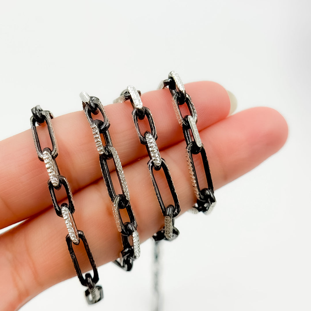 Z119SBDC. Black Rhodium and White Sterling Silver Paperclip Diamond Cut Cable Chain
