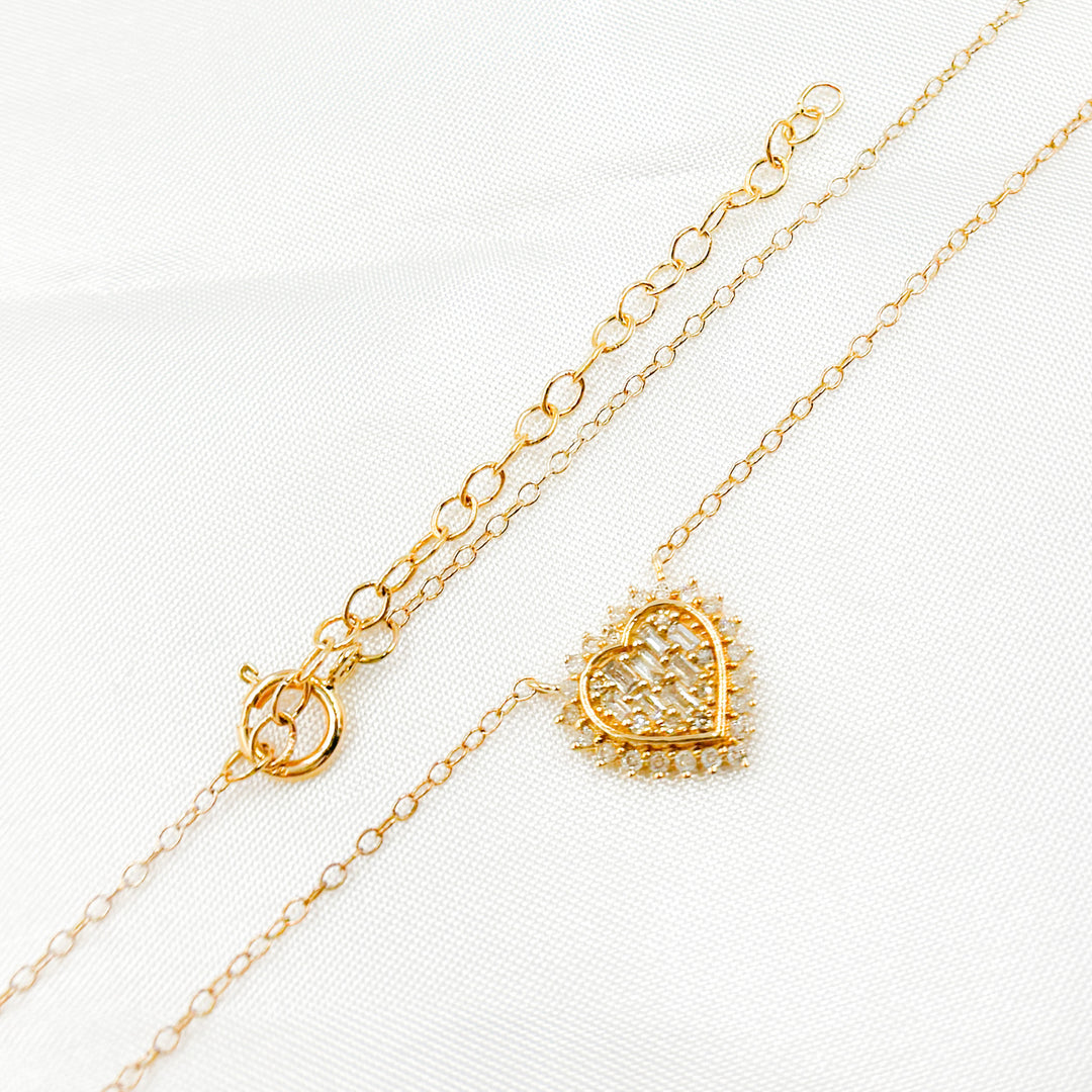 14k Solid Gold Diamond Heart Baguette Necklace. NFE71233