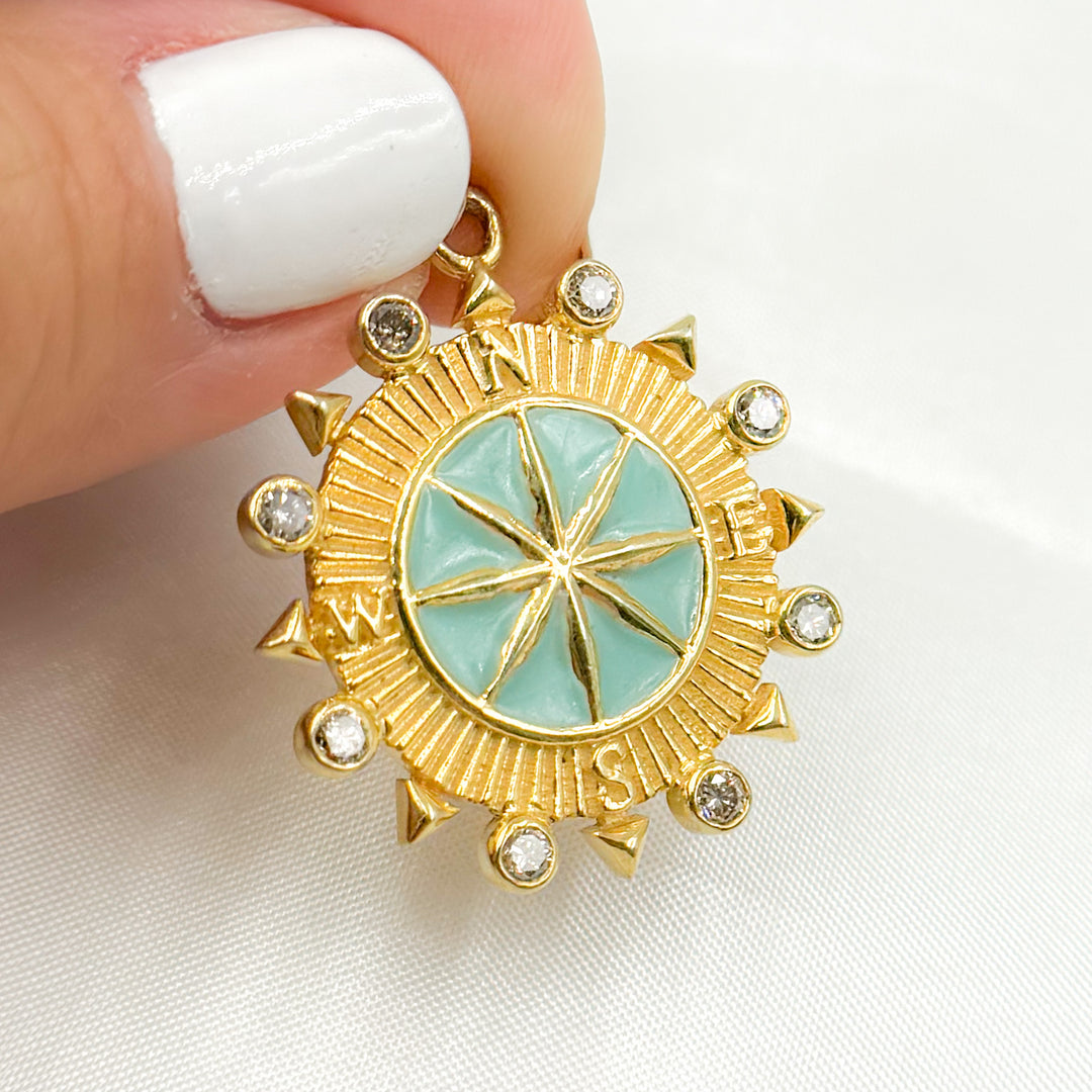 DP720A. Diamond Sterling Silver Compass Enamel Pendant with Gemstone