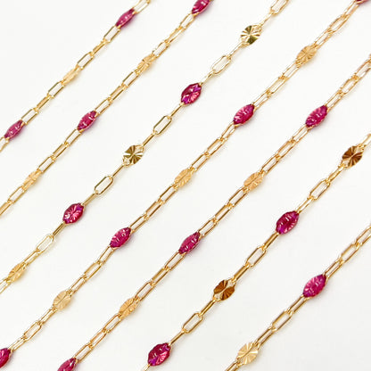 V295WNGF. 14K Gold Filled Wine Color Enamel with Paperclip and Diamond Cut Marina Links