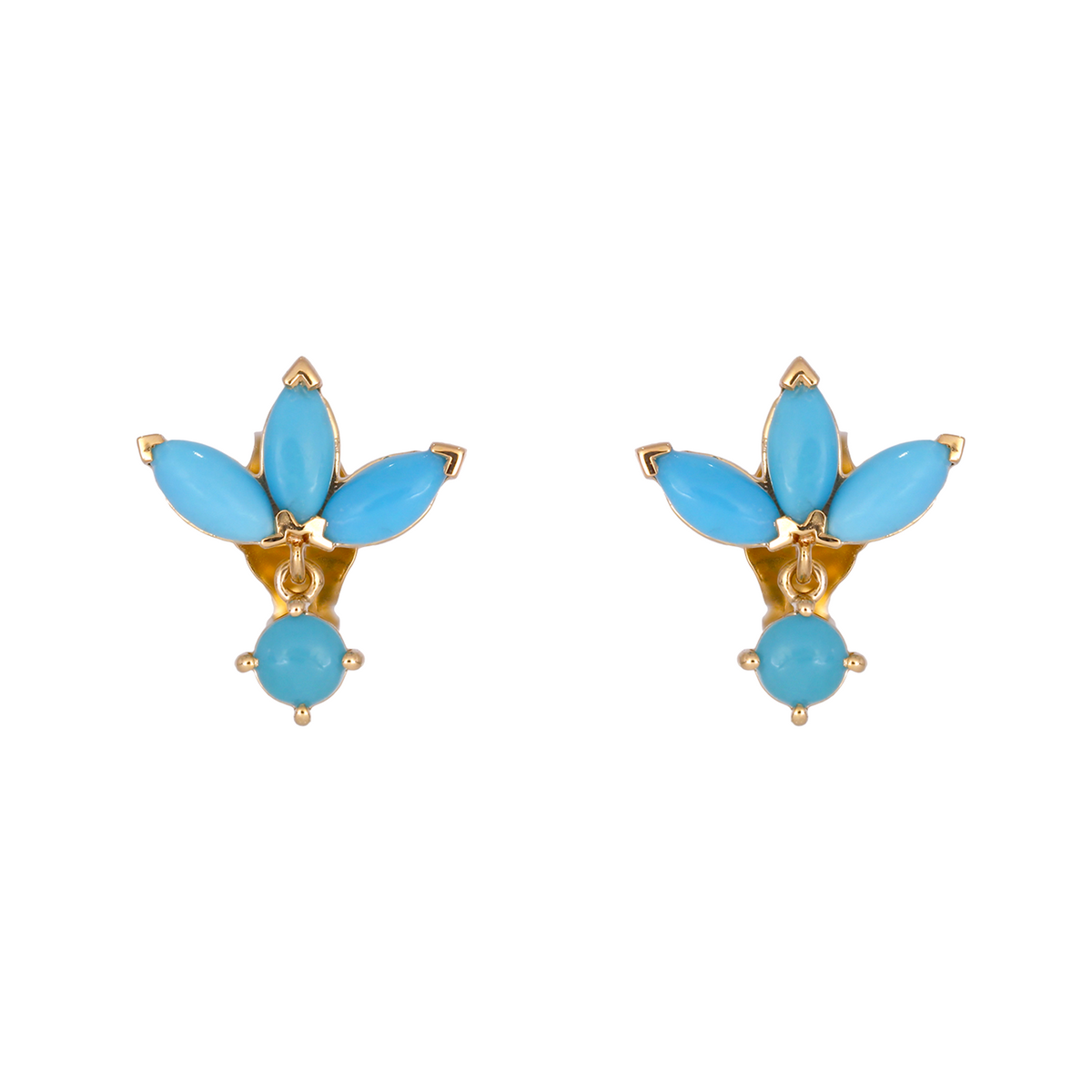 14K Solid Yellow Gold Diamond and Turquoise Heart Stud Earring