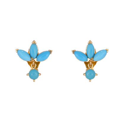 14K Solid Yellow Gold Diamond and Turquoise Heart Stud Earring