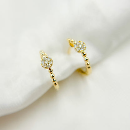 HP402520. 14K Solid Yellow Gold Diamond Beaded Flower Hoop Earring