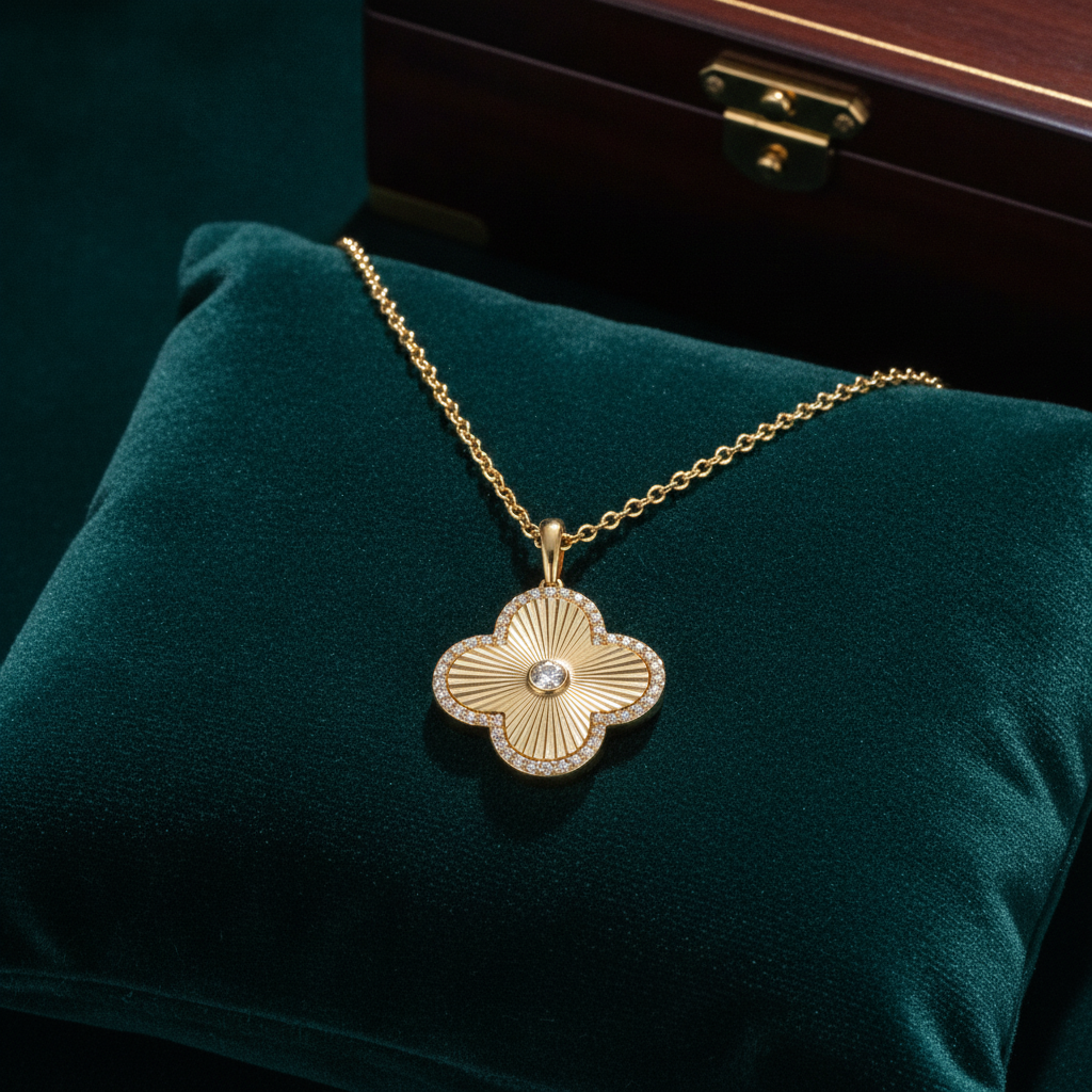 PFE33137. 14K Solid Gold Clover Diamond Necklace