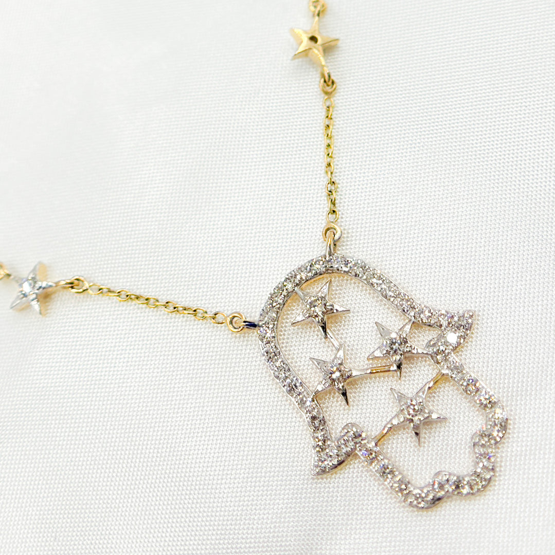 14K Solid Gold Hamsa and Stars Diamond Necklace. GDP803