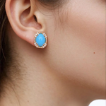 Load image into Gallery viewer, 14K Solid Gold Diamonds and Turquoise Rectangular Stud Earrings
