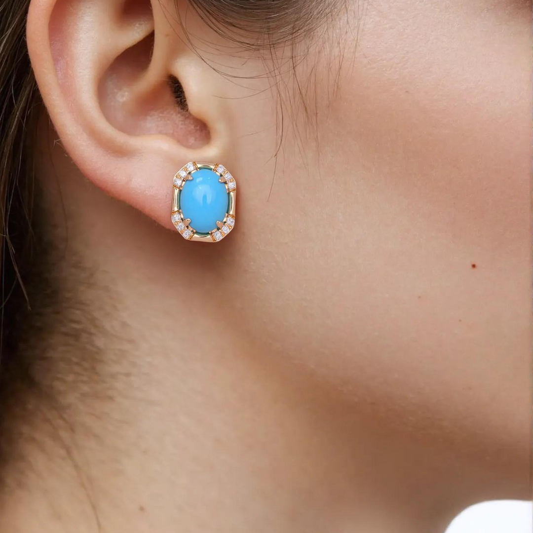 14K Solid Gold Diamonds and Turquoise Rectangular Stud Earrings