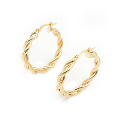 14K Solid Gold Twist Double Round Hollow Hoop Earrings