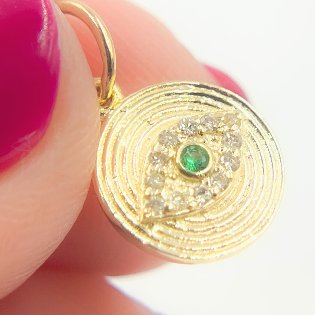 14K Solid Gold Diamond Evil Eye Circle Charm. Available in (Blue Sapphire & Emerald). GDP460