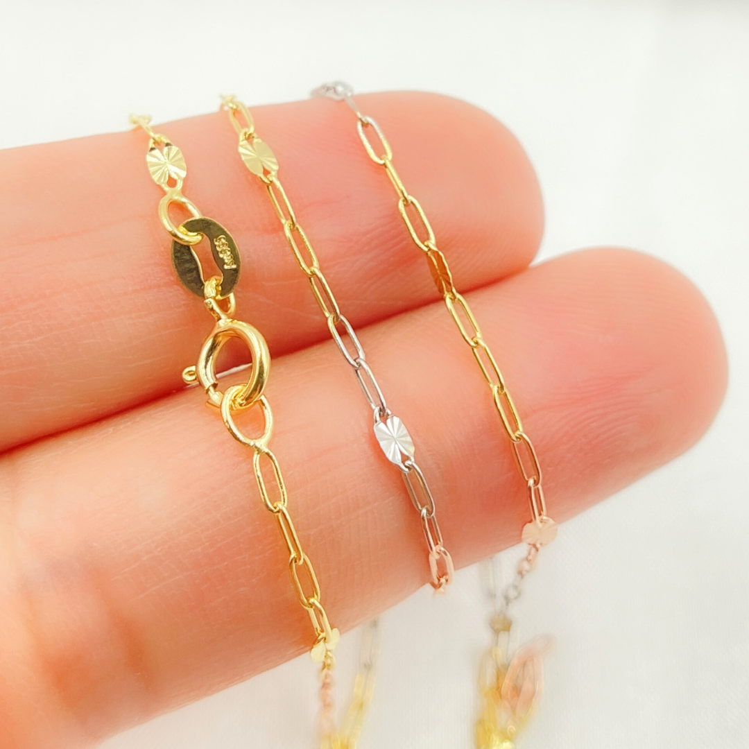 035FV843H. 14k Solid Tri-Color Gold Smooth Paperclip Diamond Cut Marina Link Chain