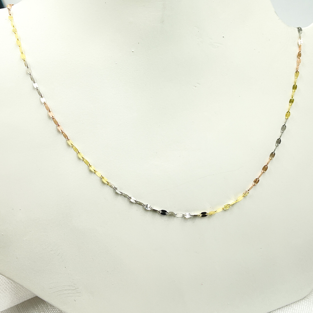 14K Solid Gold Tri-Color Flat Marina Chain