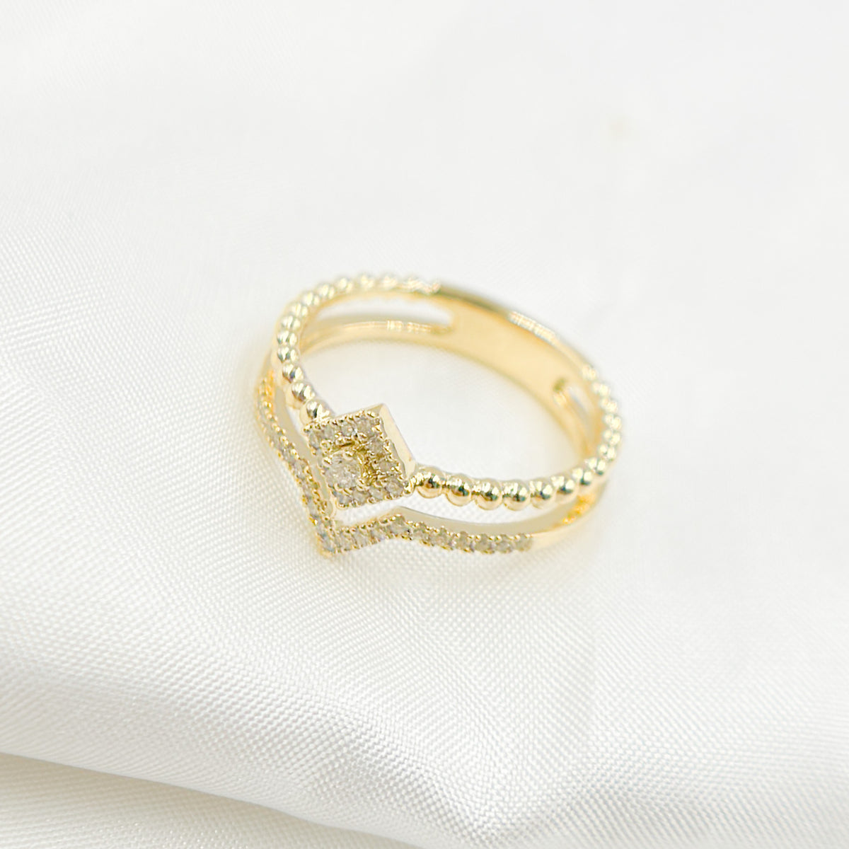 14K Solid Yellow Gold Diamond Double Line Square Ring.