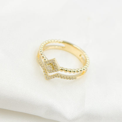 14K Solid Yellow Gold Diamond Double Line Square Ring.