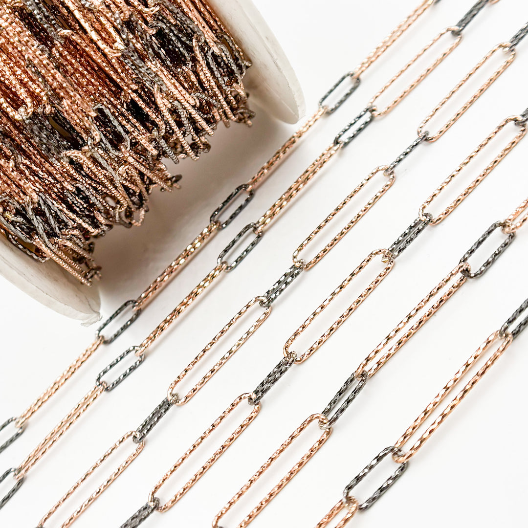 V4RGB. Sterling Silver Diamond Cut Long Rose Gold Plated & Short Black Rhodium Paperclip Chain