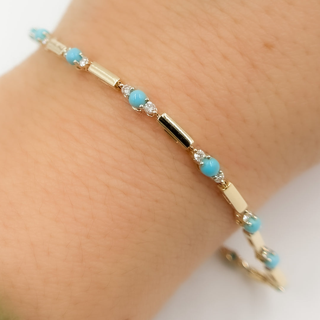 BFG61255TQ. 14K Solid Gold Diamond  and Turquoise Fancy Bracelet