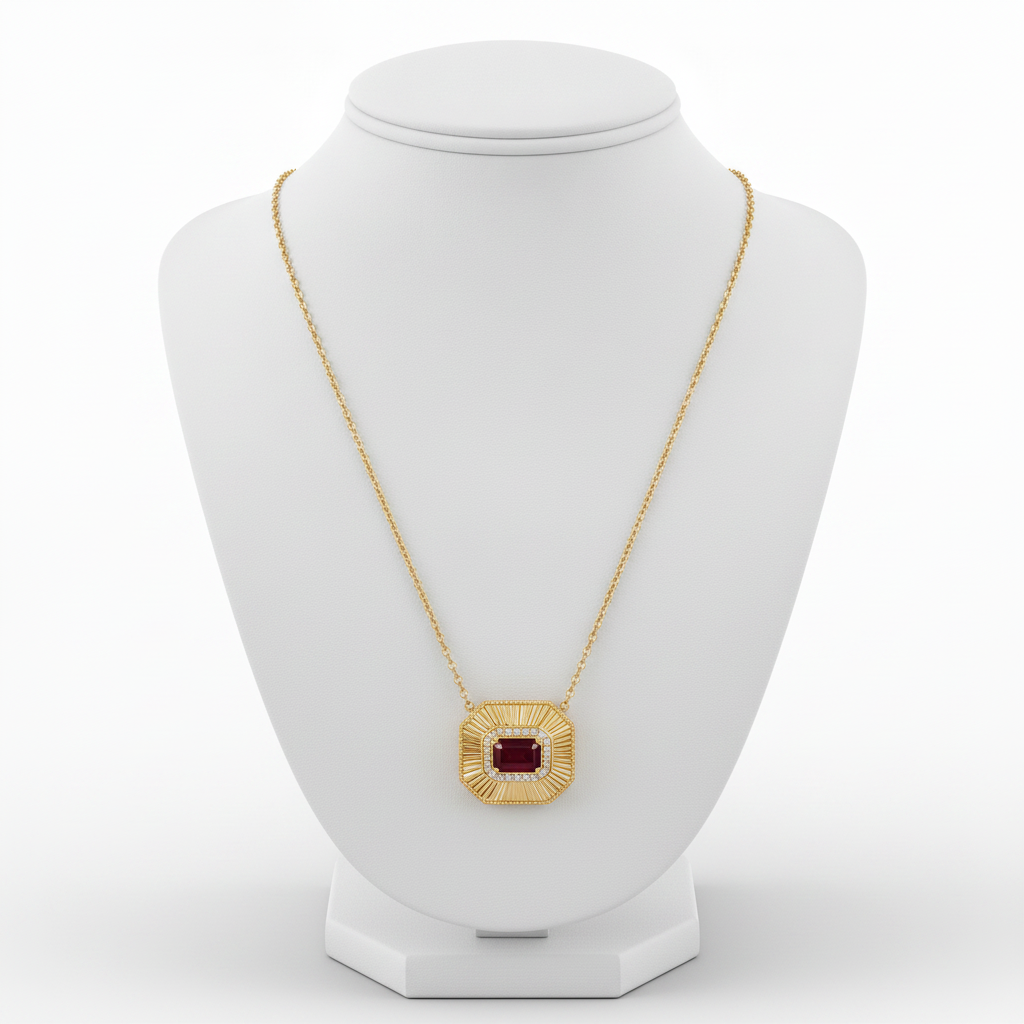 CN97285RU6X4. 14K Solid Gold Octagon Ruby and Diamond Fancy Tiny Necklace