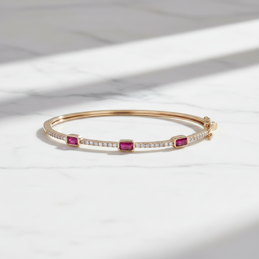 BNG68670RU. 14K Solid Gold Diamond and Ruby Bangle