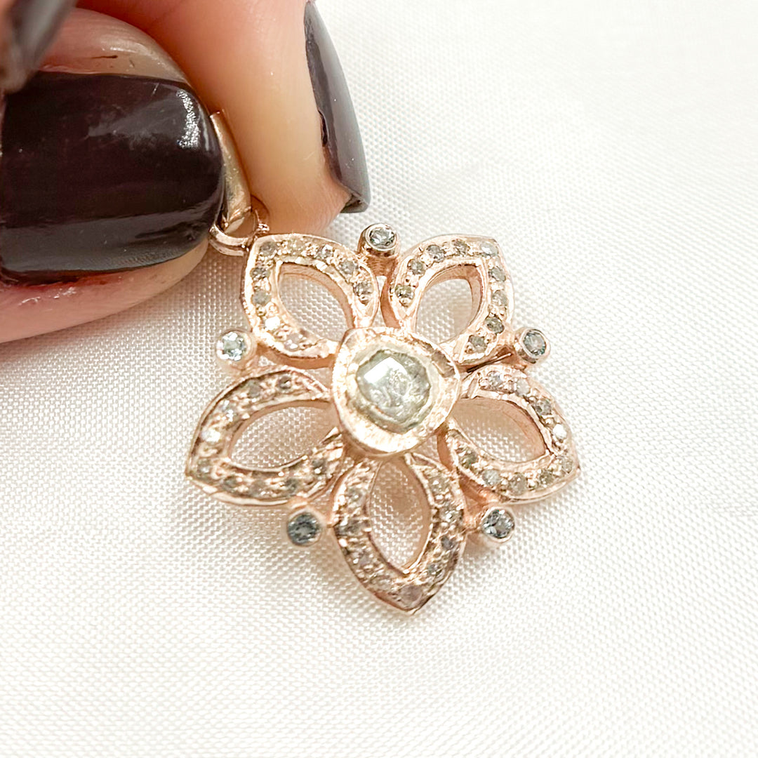 DP218. Diamond Sterling Silver Flower Pendant with Gemstone