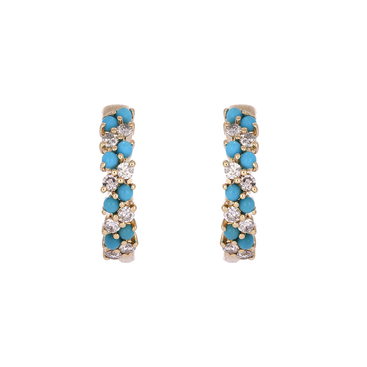 14K Solid Gold Diamonds and Turquoise Hoops