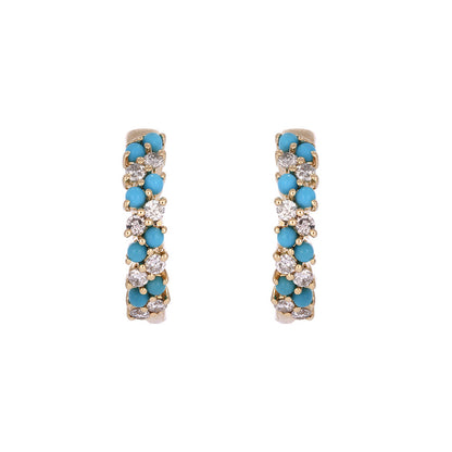14K Solid Gold Diamonds and Turquoise Hoops