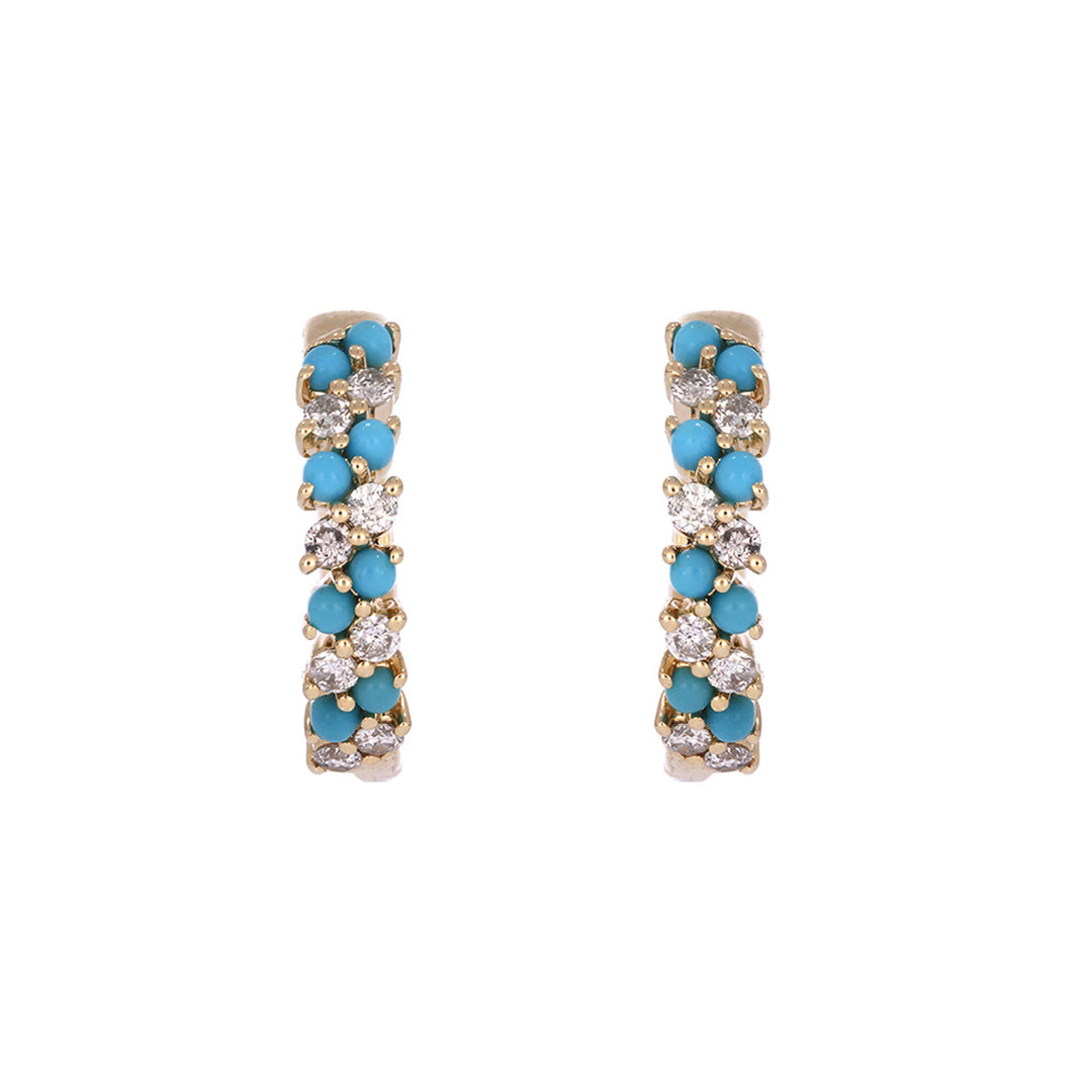 14K Solid Gold Diamonds and Turquoise Hoops