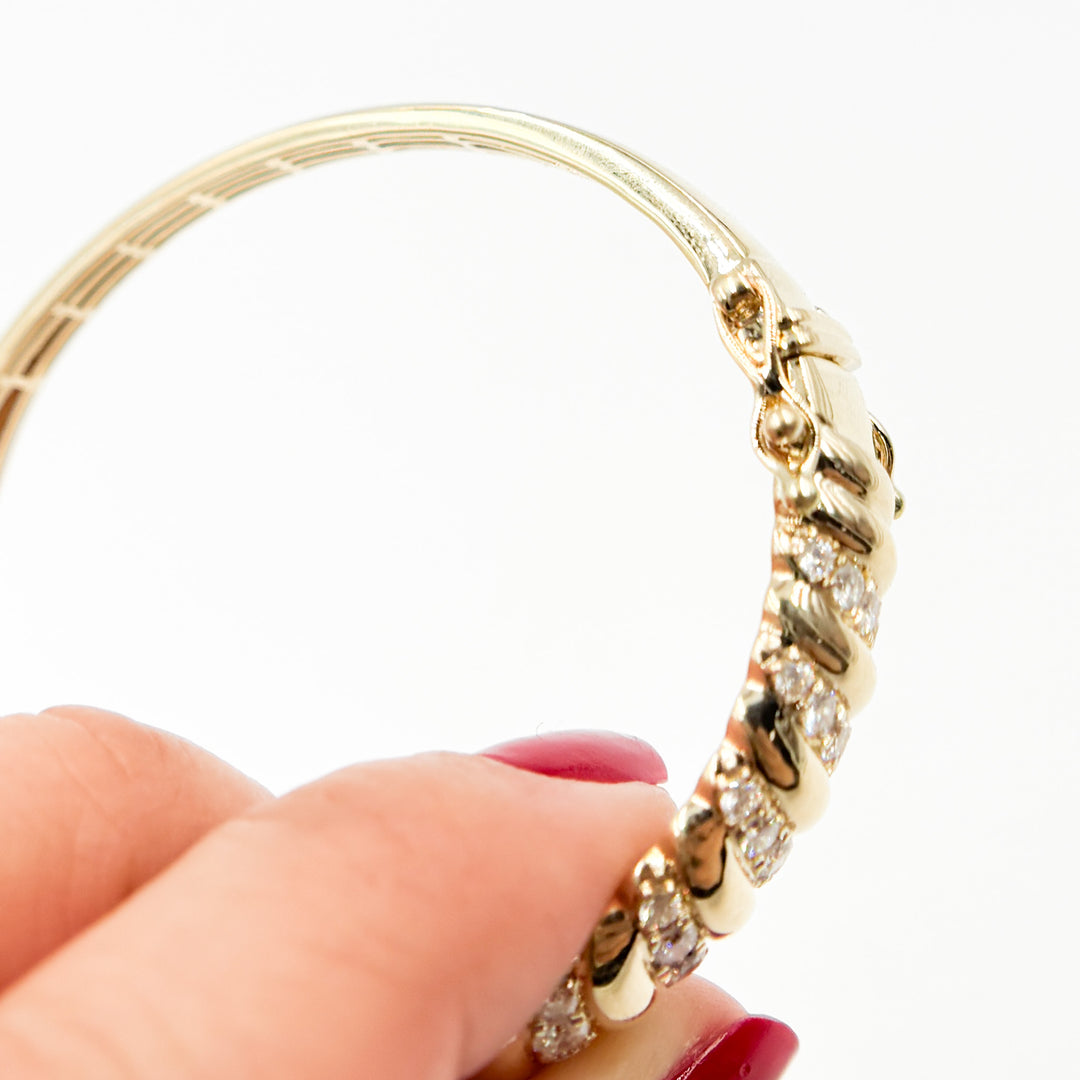 BNQ68518. 14K Solid Gold Twisted Fancy Bangle with Diamonds