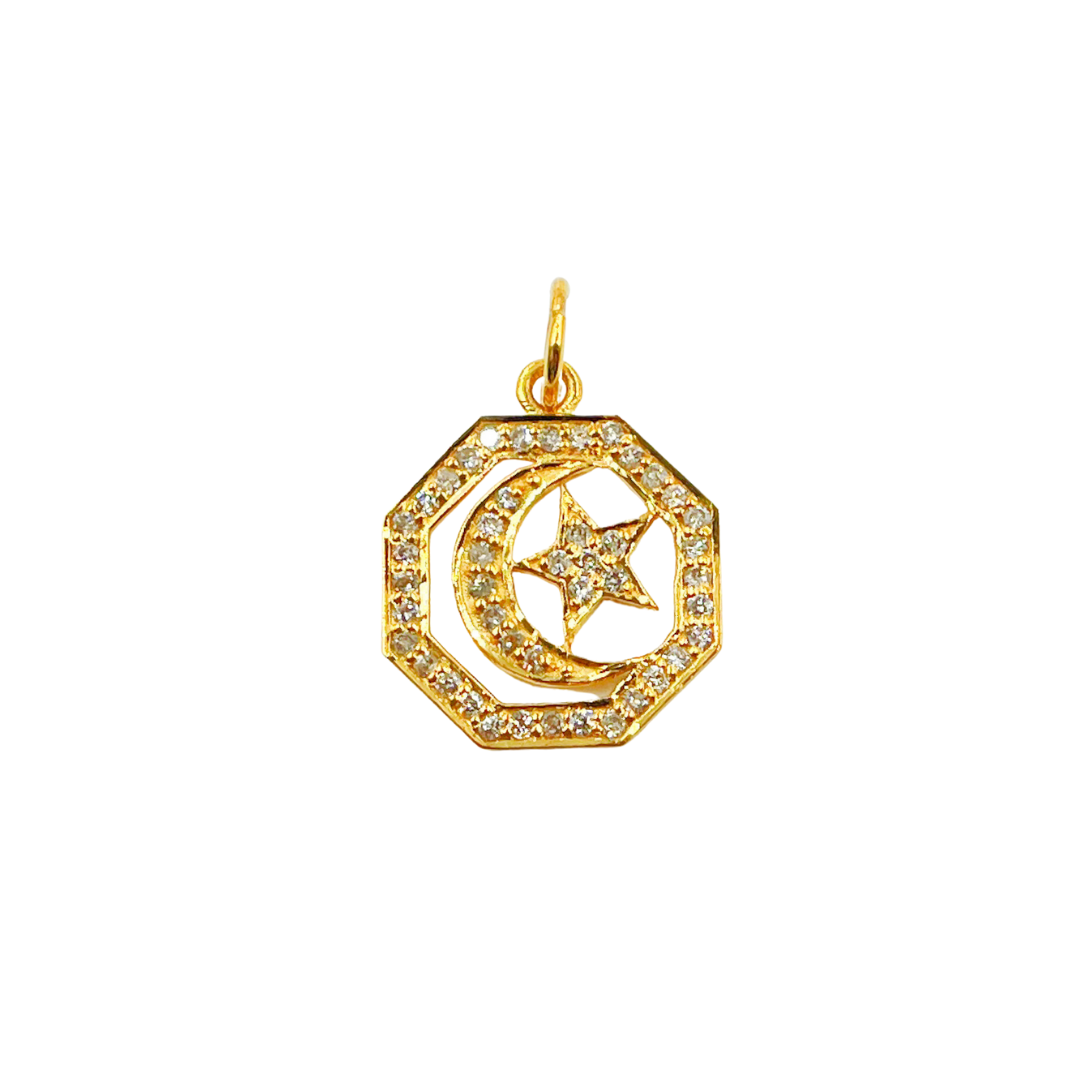 GDP210. 14K Solid Gold Diamond Octagon Moon and Star Charm