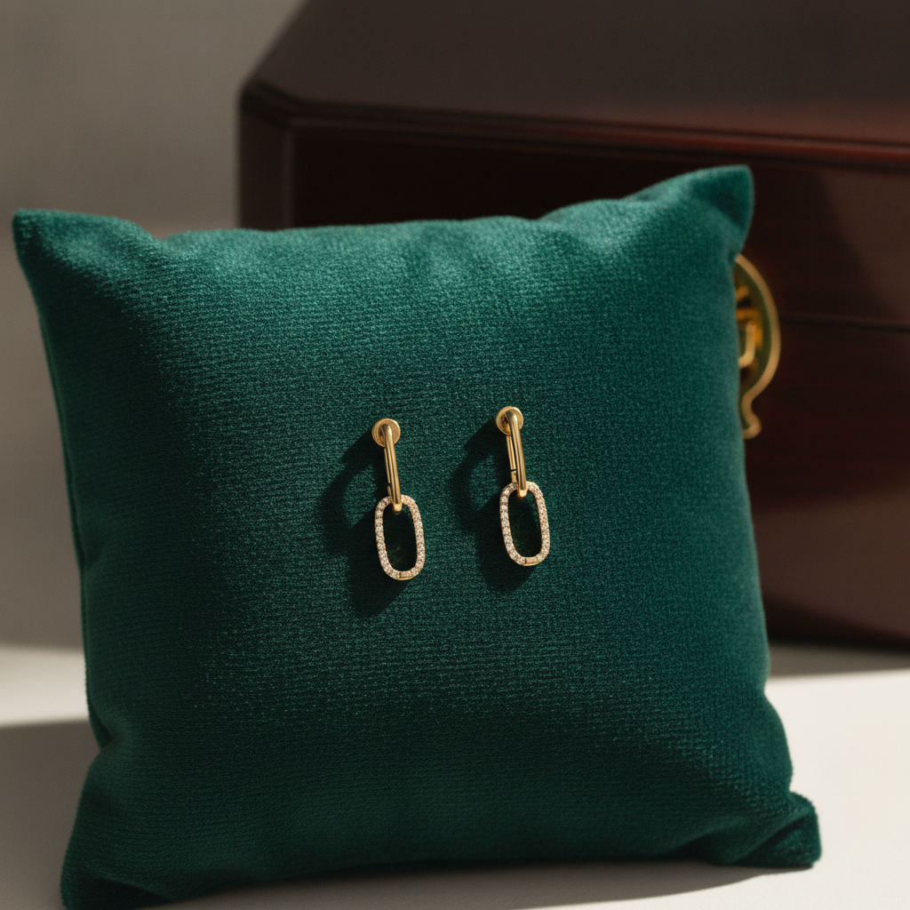 GER170. 14K Solid Gold Diamond Dangle Ovals Earrings