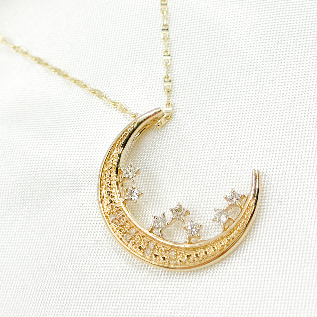 14k Solid Gold Diamond Moon and Stars Pendant. PFC30877